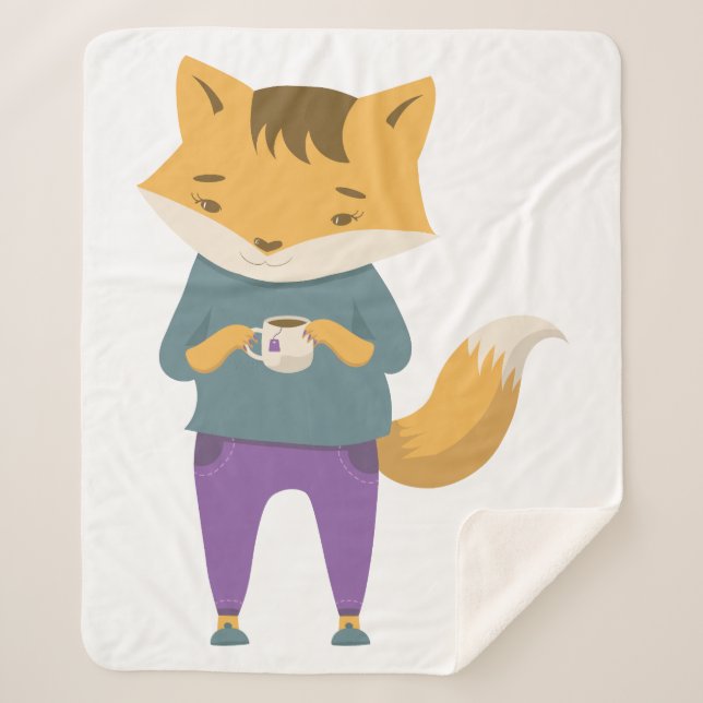 Cute fox with cup of tea sherpa blanket (Front)