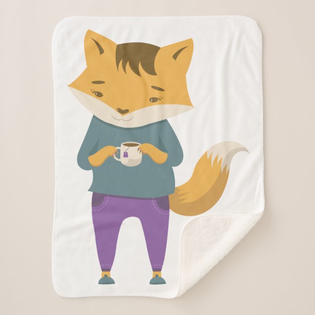 Cute fox with cup of tea sherpa blanket (Front)