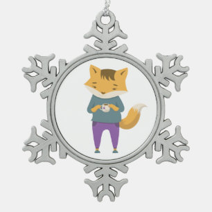 Cute fox with cup of tea snowflake pewter christmas ornament