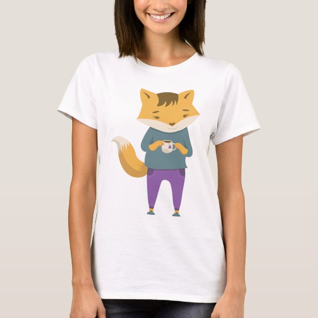 Cute fox with cup of tea T-Shirt (Front)