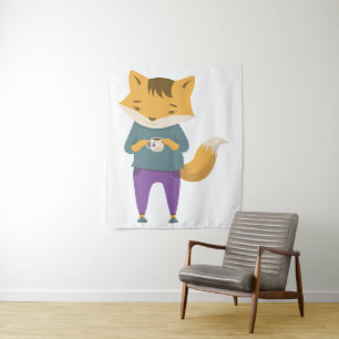 Cute fox with cup of tea tapestry