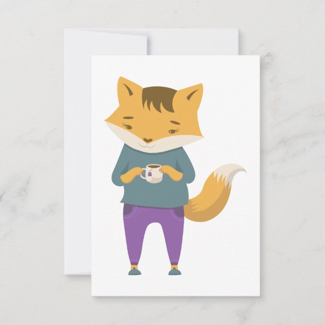 Cute fox with cup of tea thank you card (Front)