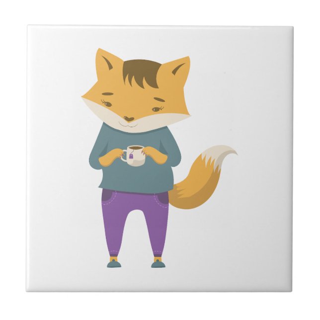 Cute fox with cup of tea tile (Front)