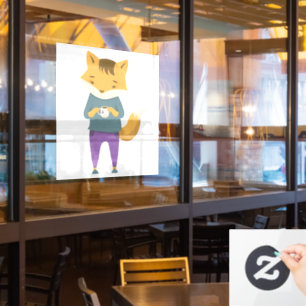 Cute fox with cup of tea window cling