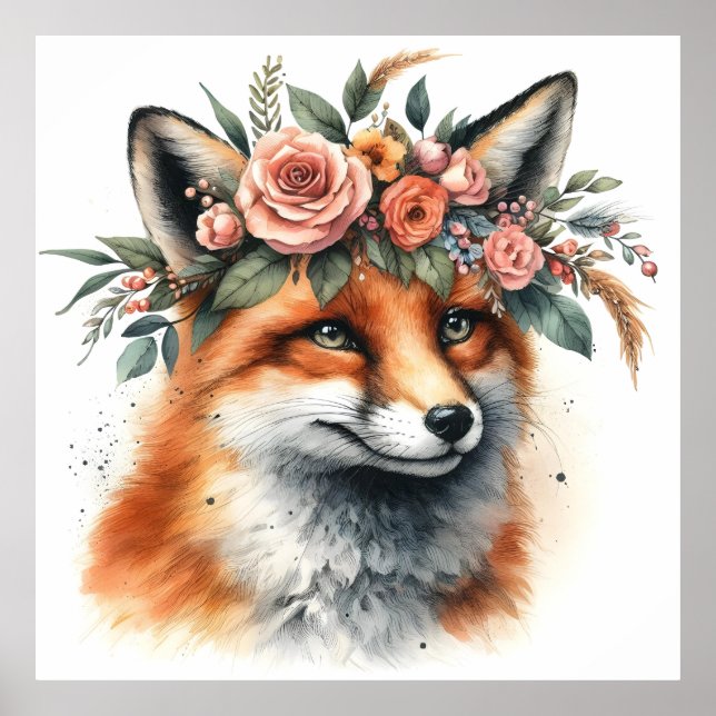 Cute Fox with Floral Crown poster (Front)