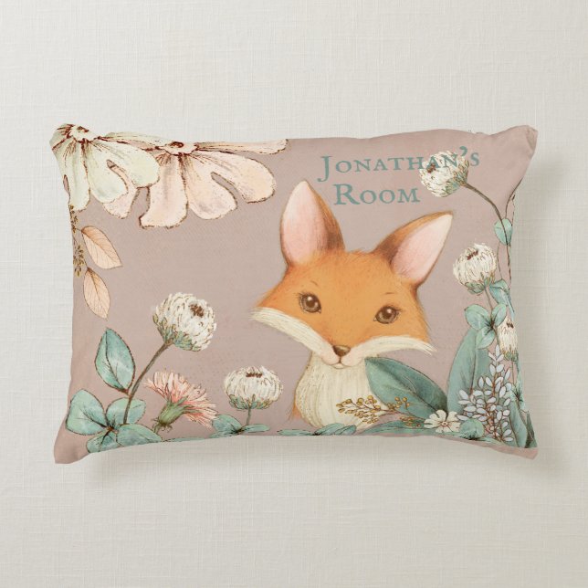 Cute Fox with Floral Wreath Script Nursery Decorative Cushion (Front)