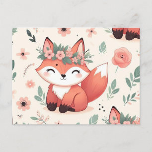 Cute fox with flower seamless pattern holiday postcard