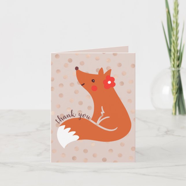 Cute Fox With Flower "Thank You" Thank You Card (Front)