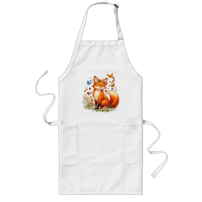 Cute Fox With Flowers Long Apron (Front)