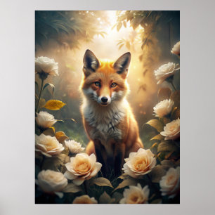 Cute Fox with Flowers Poster