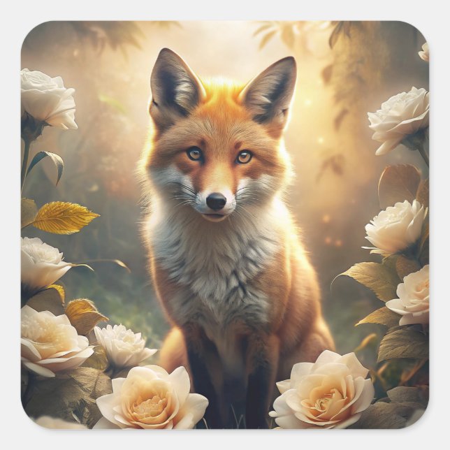 Cute Fox with Flowers Square Sticker (Front)