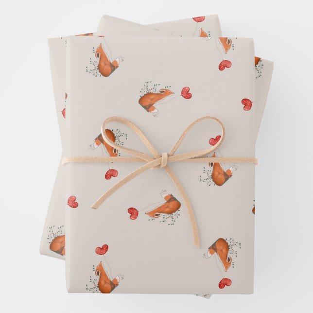 Cute fox with heart shaped balloon brown wrapping paper sheet (In situ)
