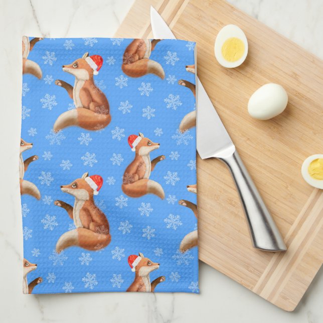 Cute Fox with Santa Hat Christmas Pattern Tea Towel (Quarter Fold)