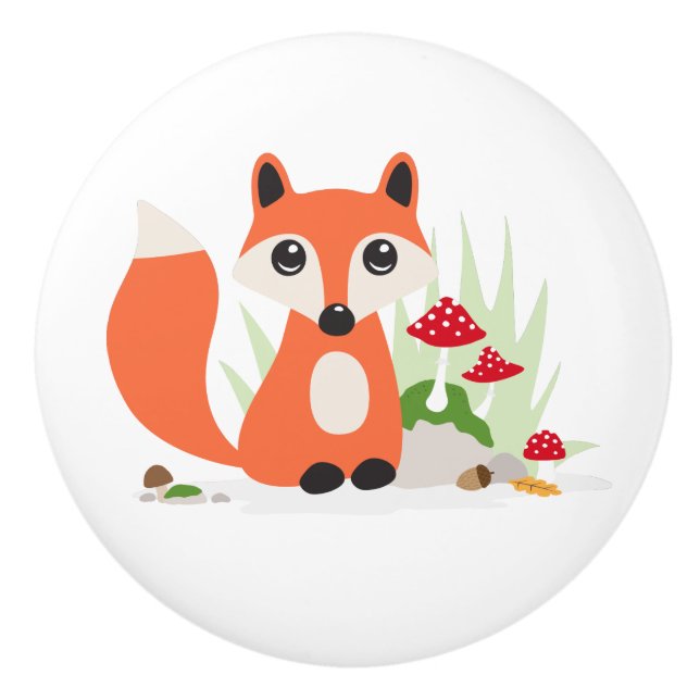 Cute fox with toadstool mushrooms ceramic knob (Front)