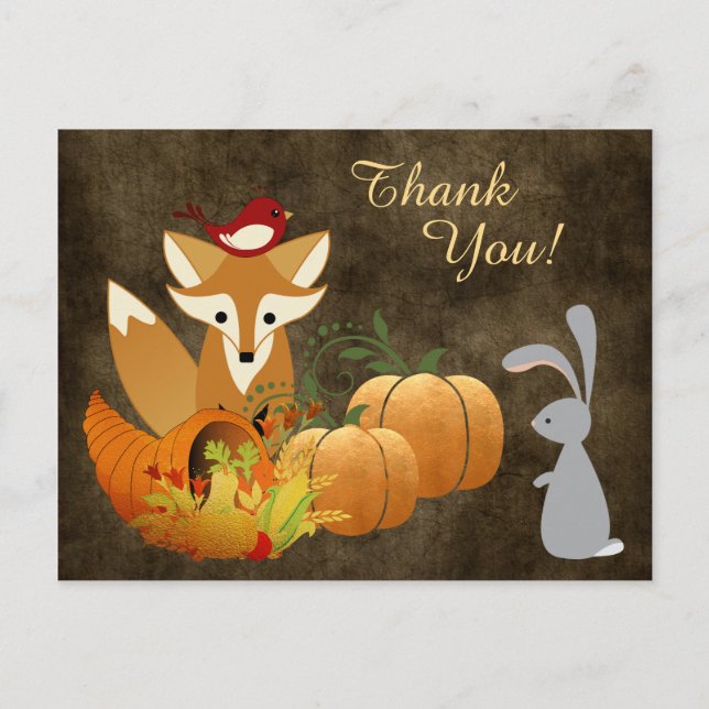 Cute Fox Woodland Animals Golden Autumn Thank You Postcard (Front)