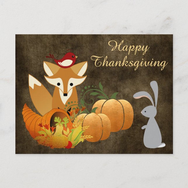 Cute Fox Woodland Animals Golden Thanksgiving Holiday Postcard (Front)