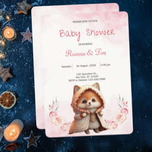 Cute Fox Woodland Animals Pink Floral Baby Shower Invitation