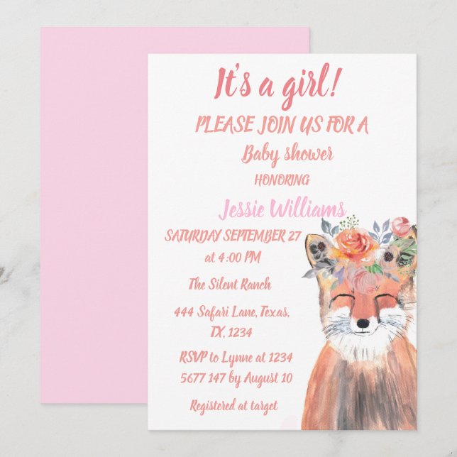 Cute Fox Woodland  Animals Pink Rustic Baby Girl I Invitation (Front/Back)