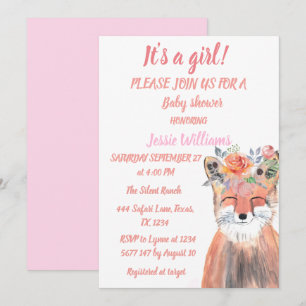 Cute Fox Woodland  Animals Pink Rustic Baby Girl I Invitation