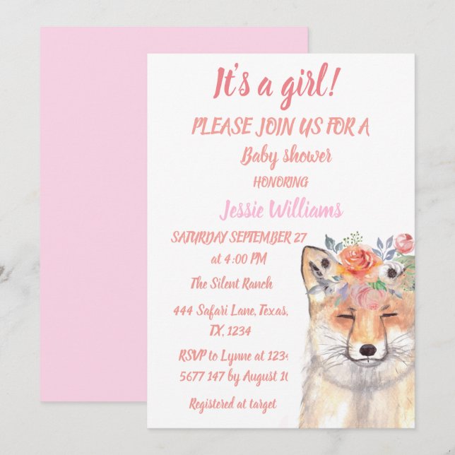 Cute Fox Woodland  Animals Pink Rustic Baby Girl Invitation (Front/Back)