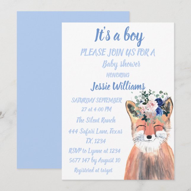 Cute Fox Woodland Animals Rustic Baby boy shower I Invitation (Front/Back)