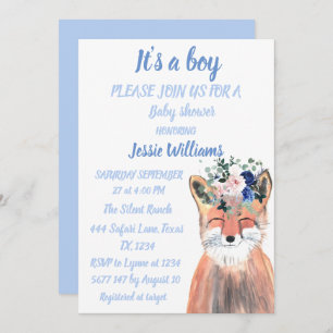 Cute Fox Woodland Animals Rustic Baby boy shower I Invitation