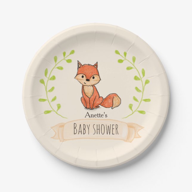 Cute Fox Woodland Baby Shower Paper Plate (Front)