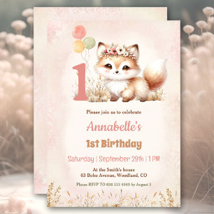 Cute Fox Woodland Boho Pastel Girl 1st Birthday  Invitation