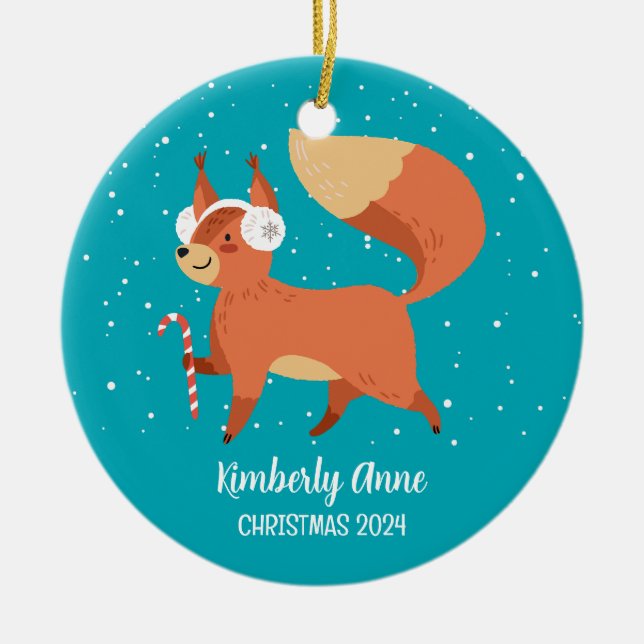 Cute Fox Woodland Christmas Snowy Winter Holiday Ceramic Tree Decoration (Front)