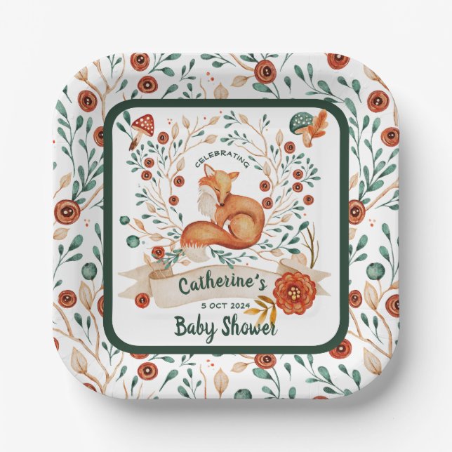 Cute fox woodland floral baby shower paper plate (Front)