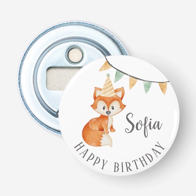 Cute Fox Woodland Party Hat Happy Birthday Bottle Opener (Front)