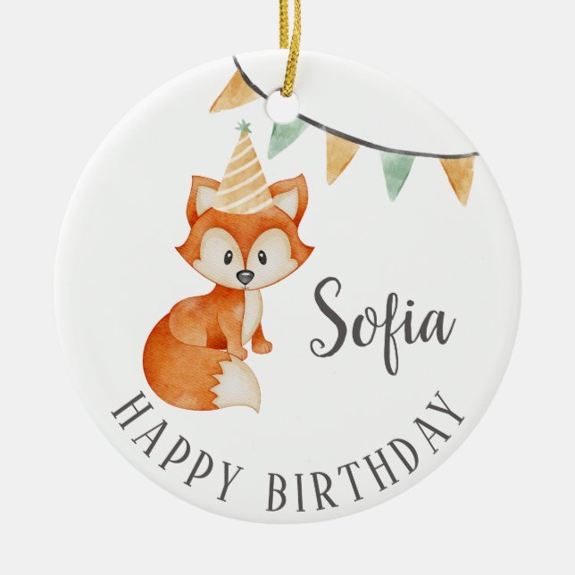 Cute Fox Woodland Party Hat Happy Birthday Ceramic Tree Decoration (Front)