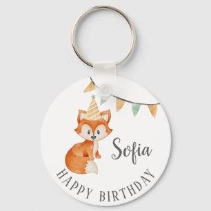 Cute Fox Woodland Party Hat Happy Birthday Key Ring