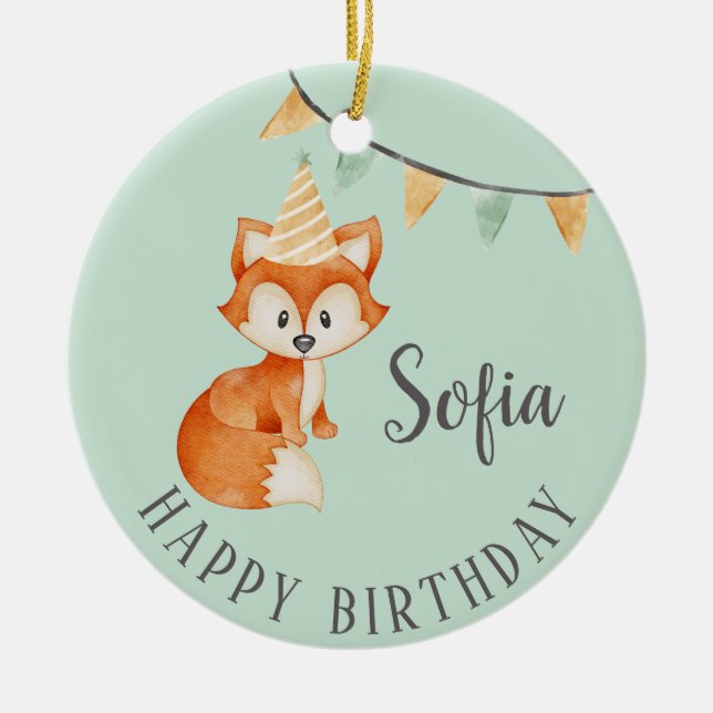 Cute Fox Woodland Party Hat Happy Birthday Mint Ceramic Tree Decoration (Front)