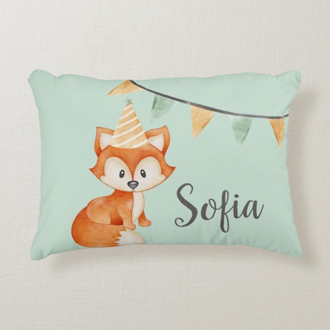 Cute Fox Woodland Party Hat Happy Birthday Mint Decorative Cushion (Front)