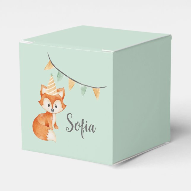 Cute Fox Woodland Party Hat Happy Birthday Mint Favour Box (Front Side)