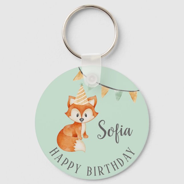 Cute Fox Woodland Party Hat Happy Birthday Mint Key Ring (Front)