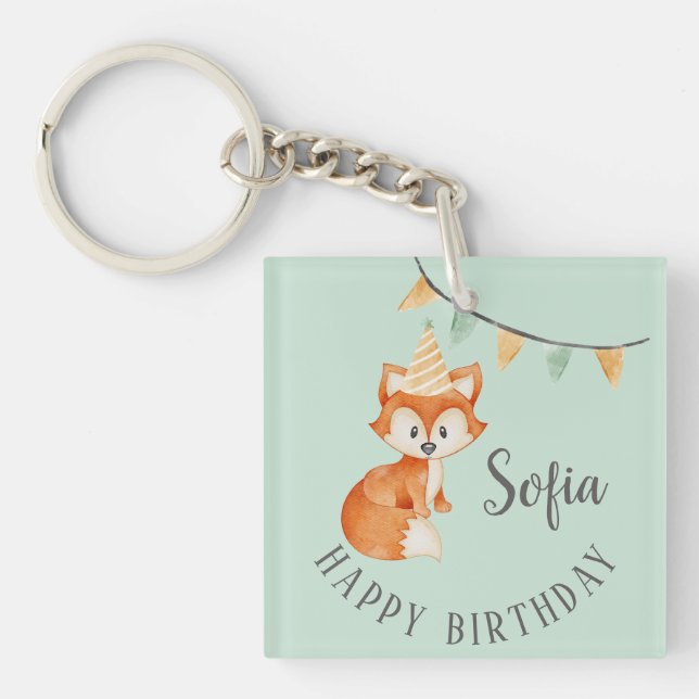 Cute Fox Woodland Party Hat Happy Birthday Mint Key Ring (Front)