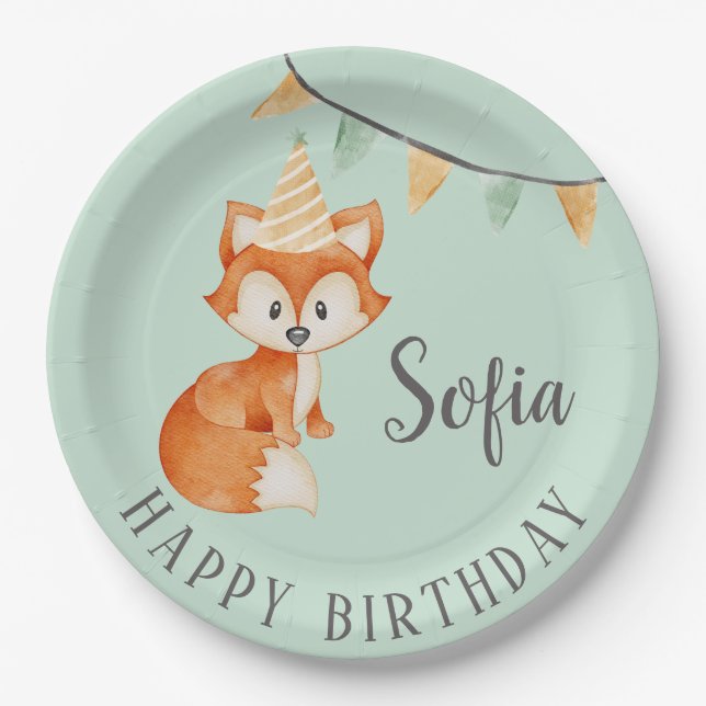 Cute Fox Woodland Party Hat Happy Birthday Mint Paper Plate (Front)