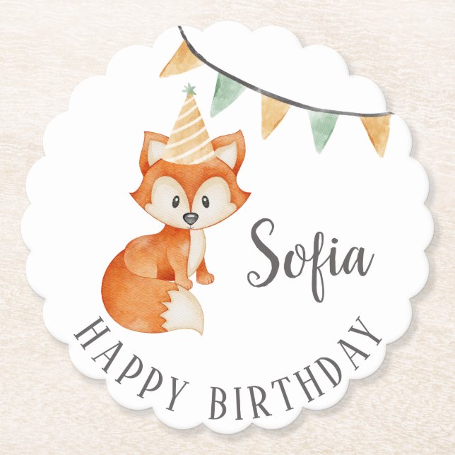 Cute Fox Woodland Party Hat Happy Birthday Paper Coaster (Front)
