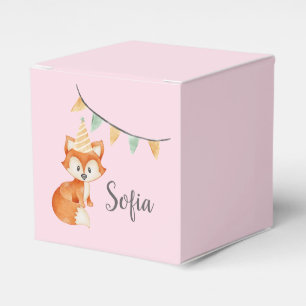 Cute Fox Woodland Party Hat Happy Birthday Pink Favour Box