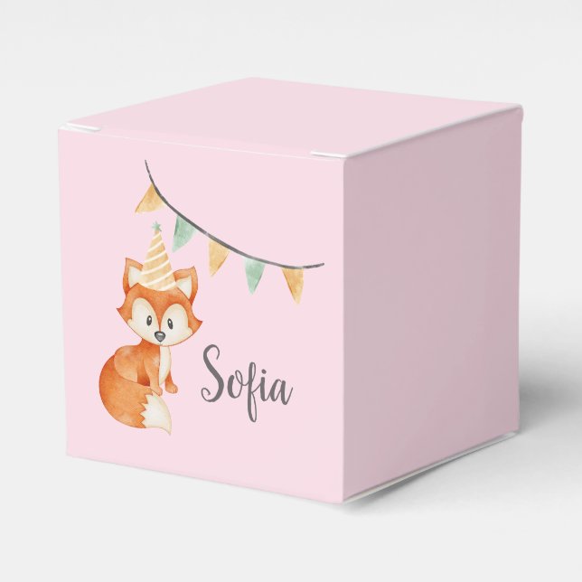 Cute Fox Woodland Party Hat Happy Birthday Pink Favour Box (Front Side)