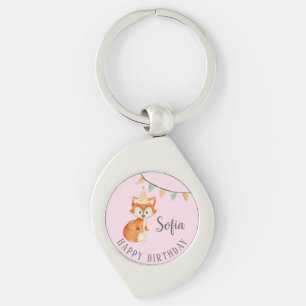 Cute Fox Woodland Party Hat Happy Birthday Pink Key Ring