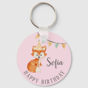 Cute Fox Woodland Party Hat Happy Birthday Pink Key Ring