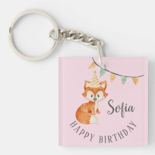 Cute Fox Woodland Party Hat Happy Birthday Pink Key Ring