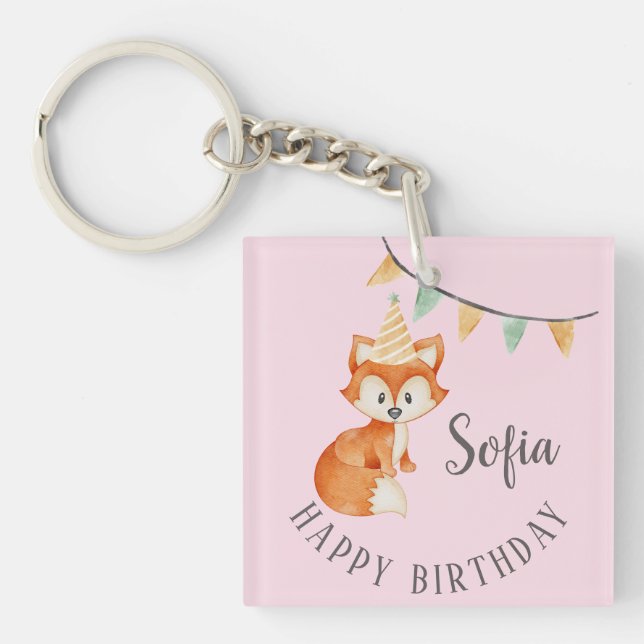 Cute Fox Woodland Party Hat Happy Birthday Pink Key Ring (Front)