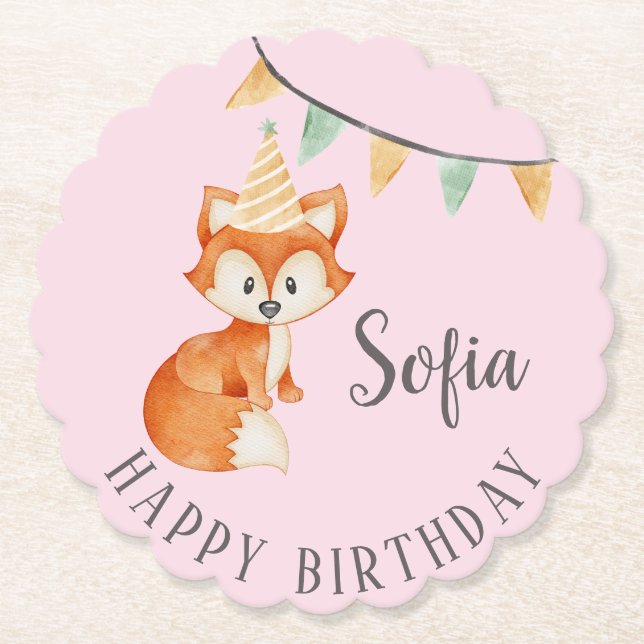 Cute Fox Woodland Party Hat Happy Birthday Pink Paper Coaster (Front)
