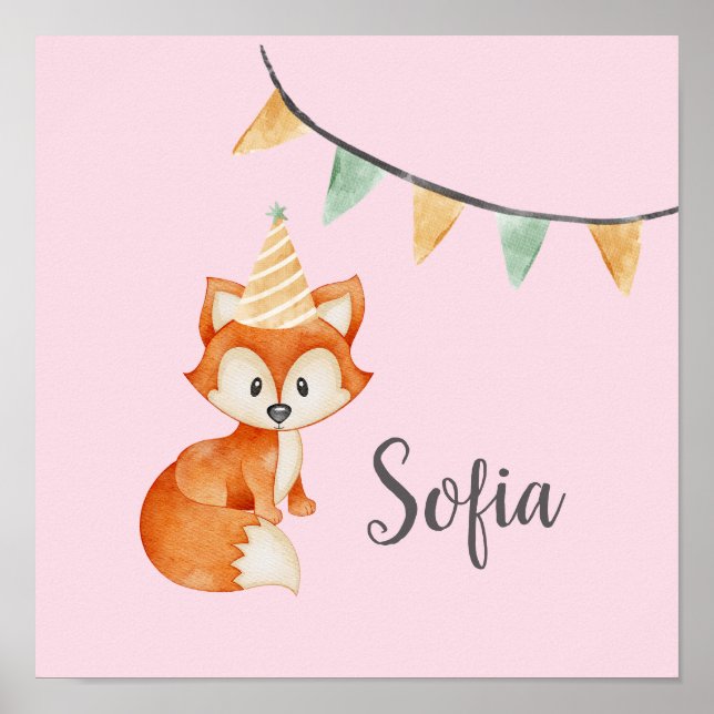 Cute Fox Woodland Party Hat Happy Birthday Pink Poster (Front)