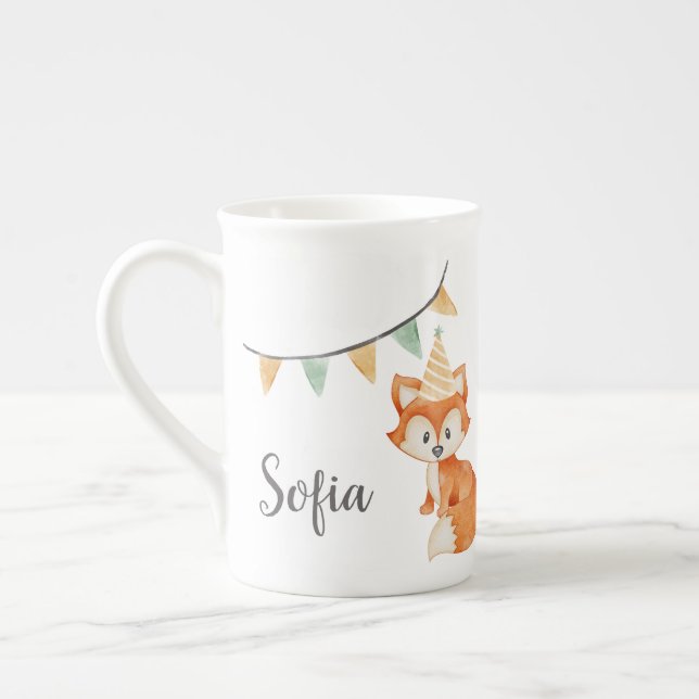 Cute Fox Woodland Party Hat pink Bone China Mug (Left)