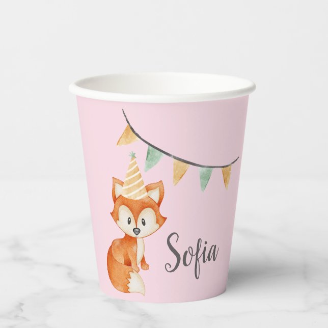 Cute Fox Woodland Party Hat pink Paper Cups (Front)
